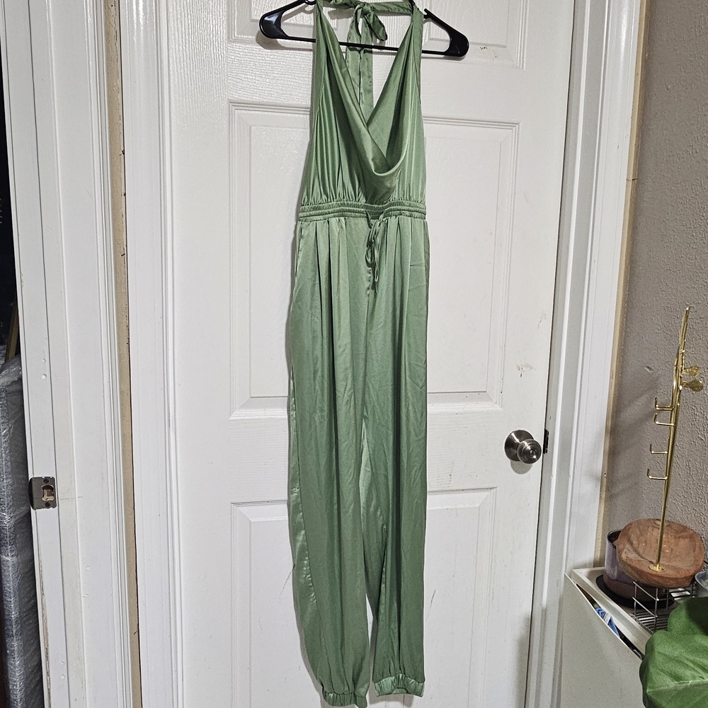 Fashion Nova Sage Green Halter Jumpsuit